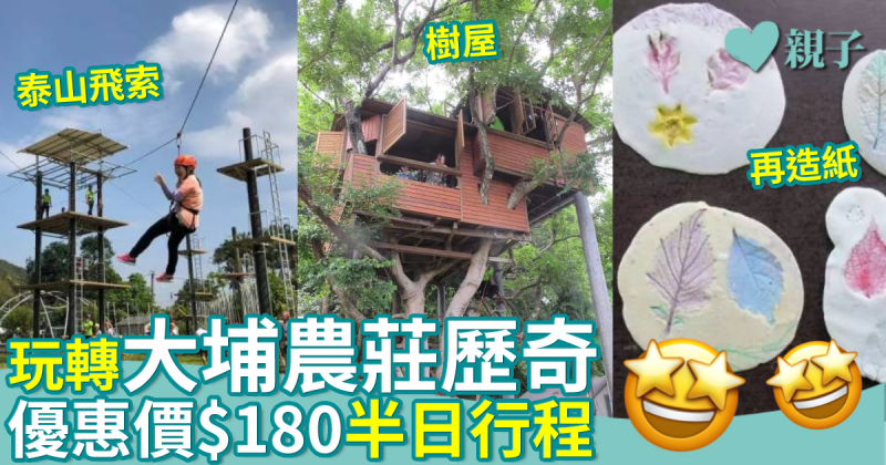 限時優惠︳大埔農莊歷奇體驗活動　泰山飛索＋樹屋歷奇＋再造紙玩足半日