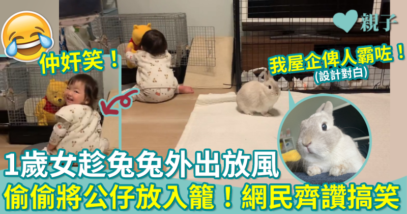 網上熱話︳日本1歲女趁兔兔外出放風　偷偷將公仔放入籠！網民齊讚搞笑
